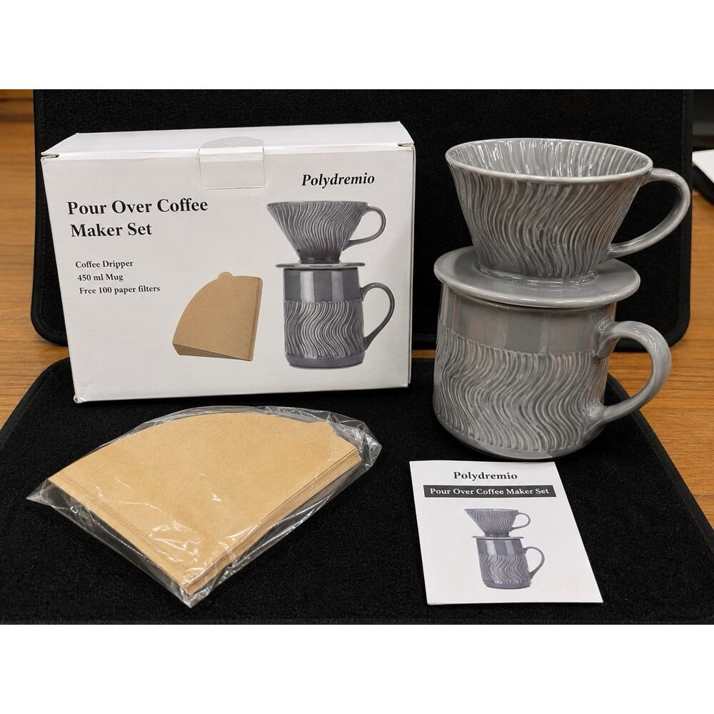 Polydremio Ceramic Pour Over Coffee Maker Set Grey 450ml Mug 100 Filters DX316-G